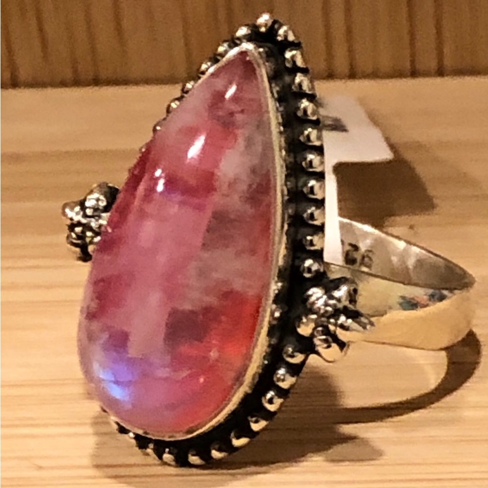 Sterling Silver Pink Moonstone Teardrop Stone Ring - Elegant Women's Jewelry - Picture 2 of 4